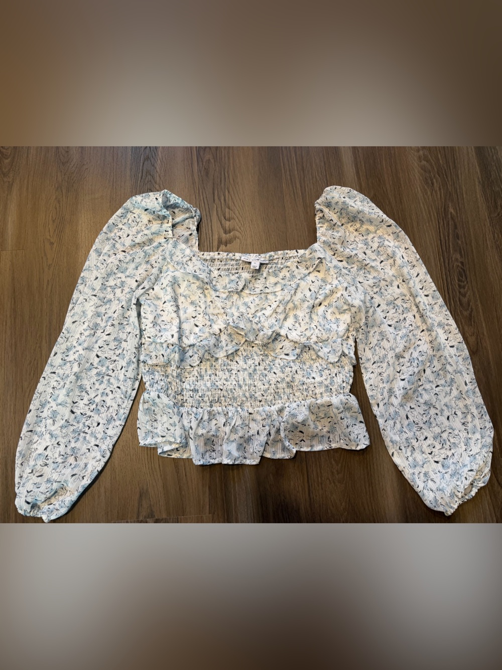 Smocked Floral Square-Neck Crop Top - White/Blue